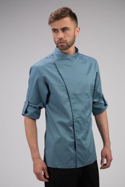 Китель поварской, приталенный, длинный рукав с отворотом на кнопку, серо-синий