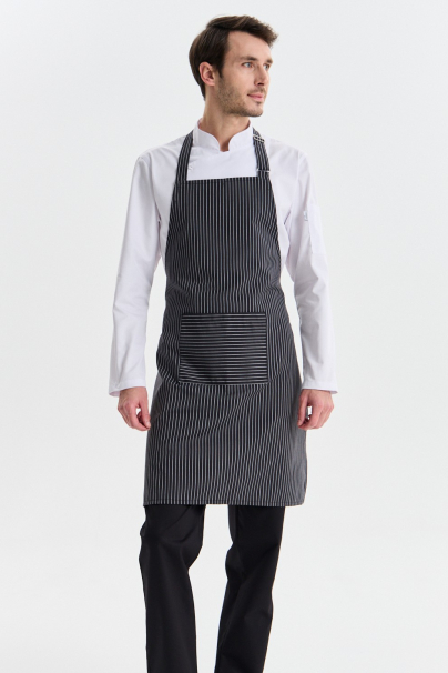 Фартук классический с грудкой и накладным карманом, черный в полоску