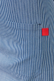 Фартук джинсовый в синюю полоску с крестообразными завязками и красной отделкой